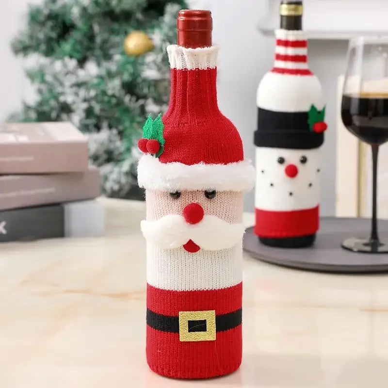 Vánoční Obal na Láhev Vína – Kreativní Pletený Santa Claus a Sněhulák, Dekorace na Sváteční Párty a Stůl