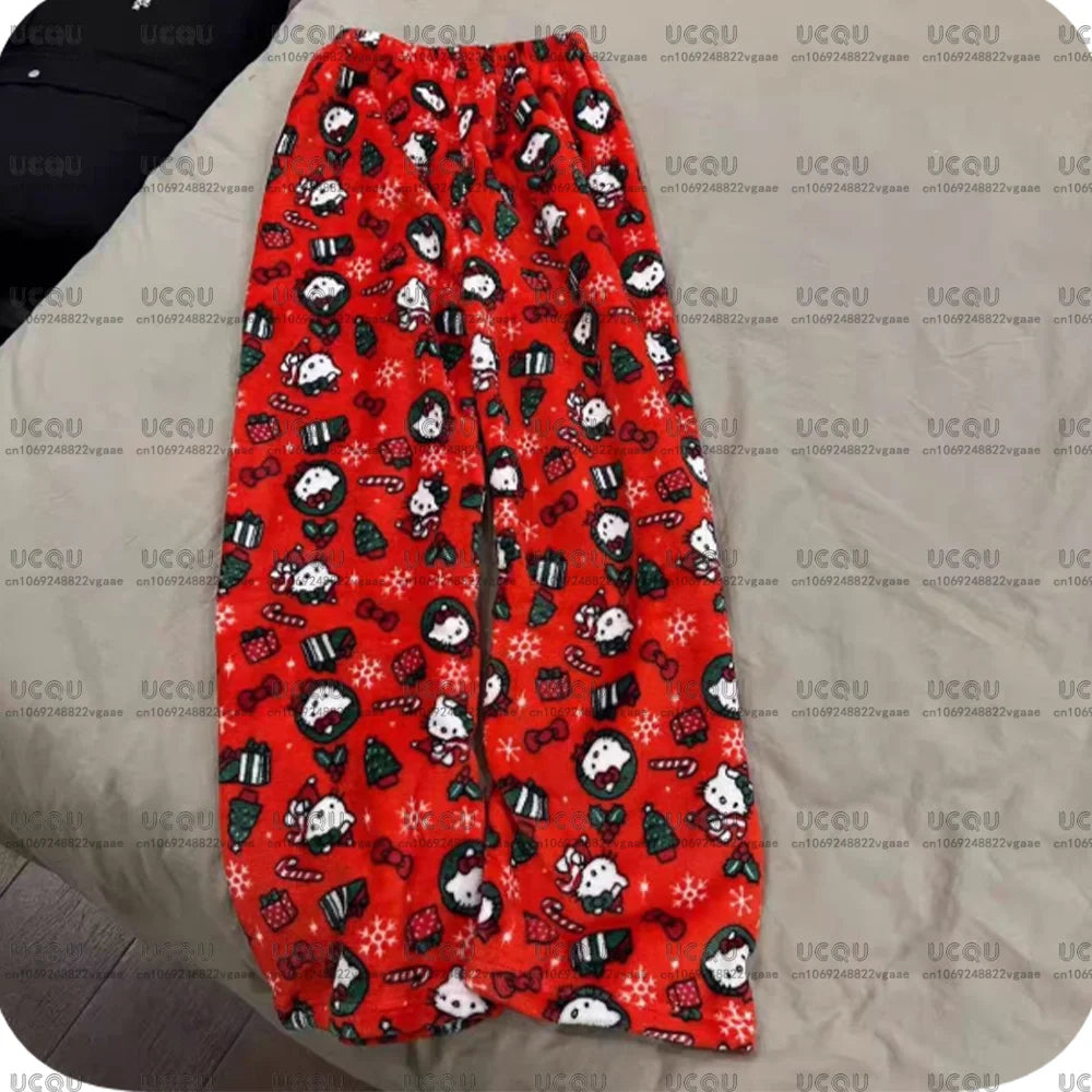 Hello Kitty flanelové pyžamové kalhoty – Y2K styl, podzim/zima, unisex