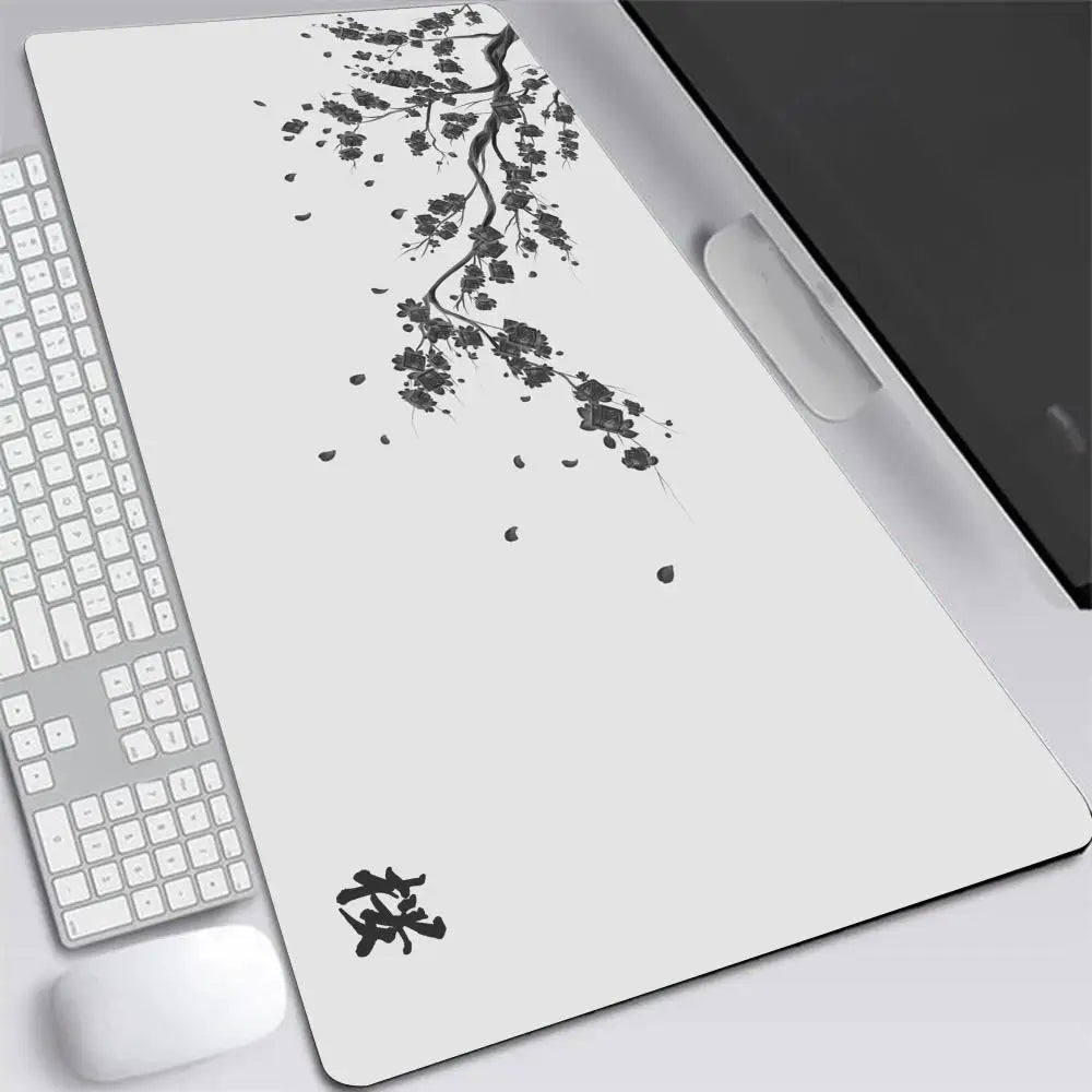Japonská Sakura Herní Podložka pod Myš XXL – Šedá Deskmat pro Notebook, Klávesnici i Kancelář