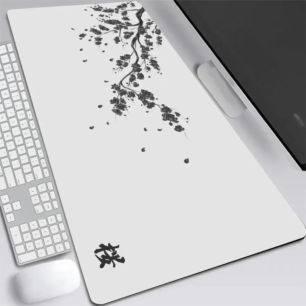 Japonská Sakura Herní Podložka pod Myš XXL – Šedá Deskmat pro Notebook, Klávesnici i Kancelář
