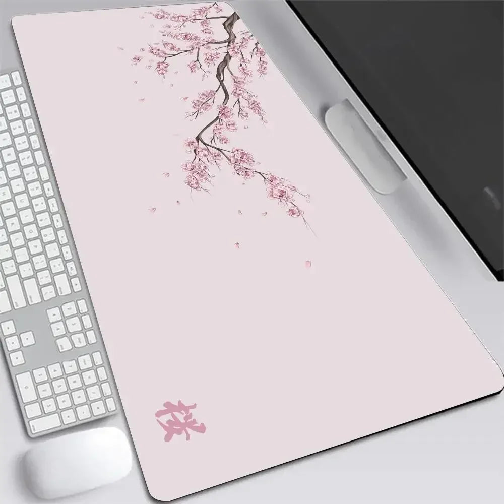 Japonská Sakura Herní Podložka pod Myš XXL – Šedá Deskmat pro Notebook, Klávesnici i Kancelář