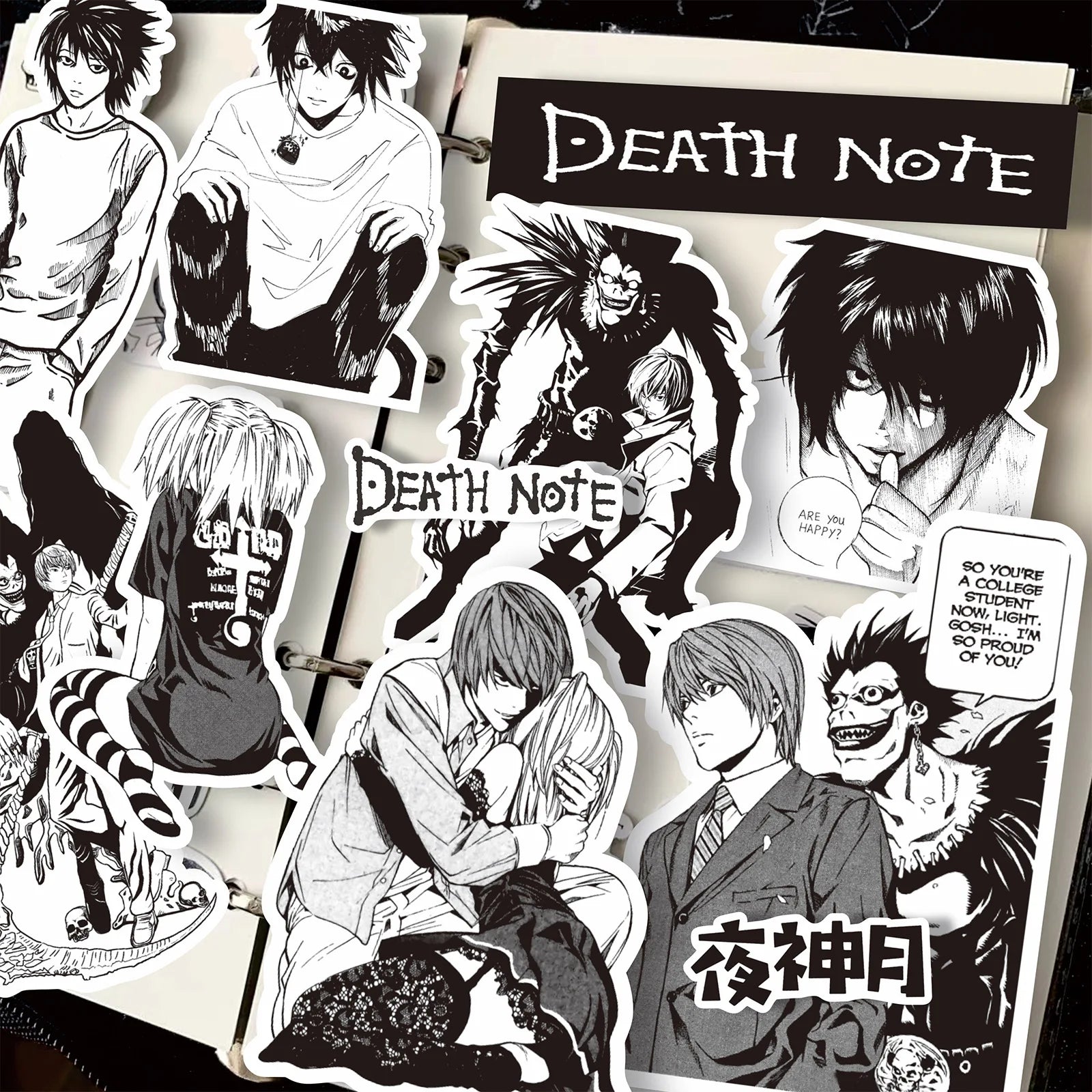 65ks černobílých Death Note samolepek.